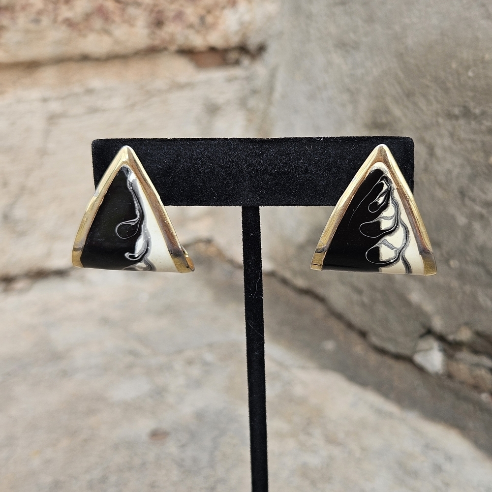 Vintage Black White Gold Triangle Earrings Women's Jewelry Funky Unique 80s 90s